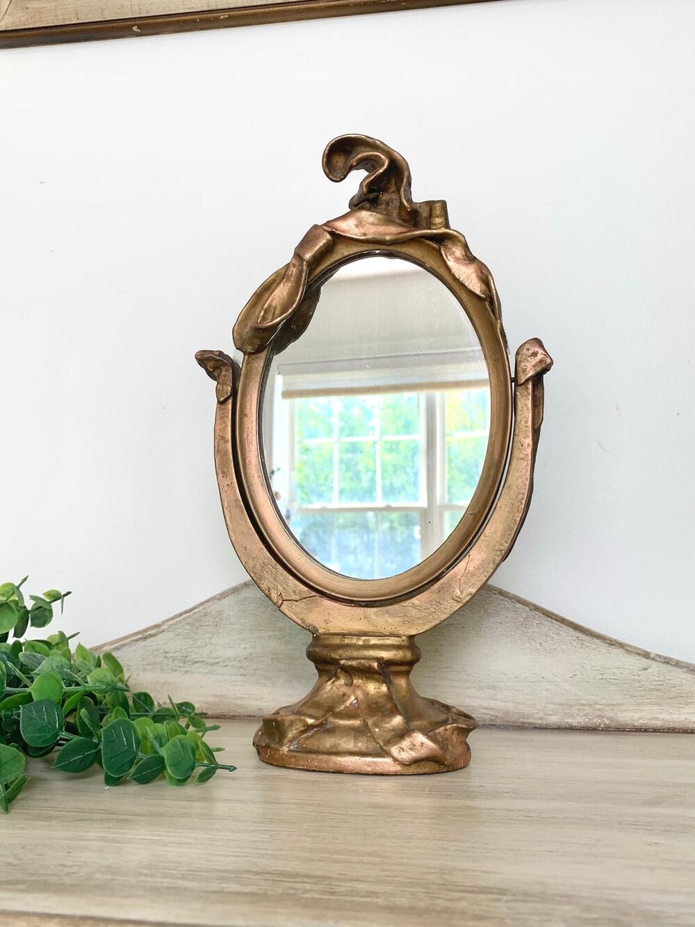 Vintage Gilt Wood Oval Vanity Mirror Bow Tabletop Decor Hollywood Regency Glam